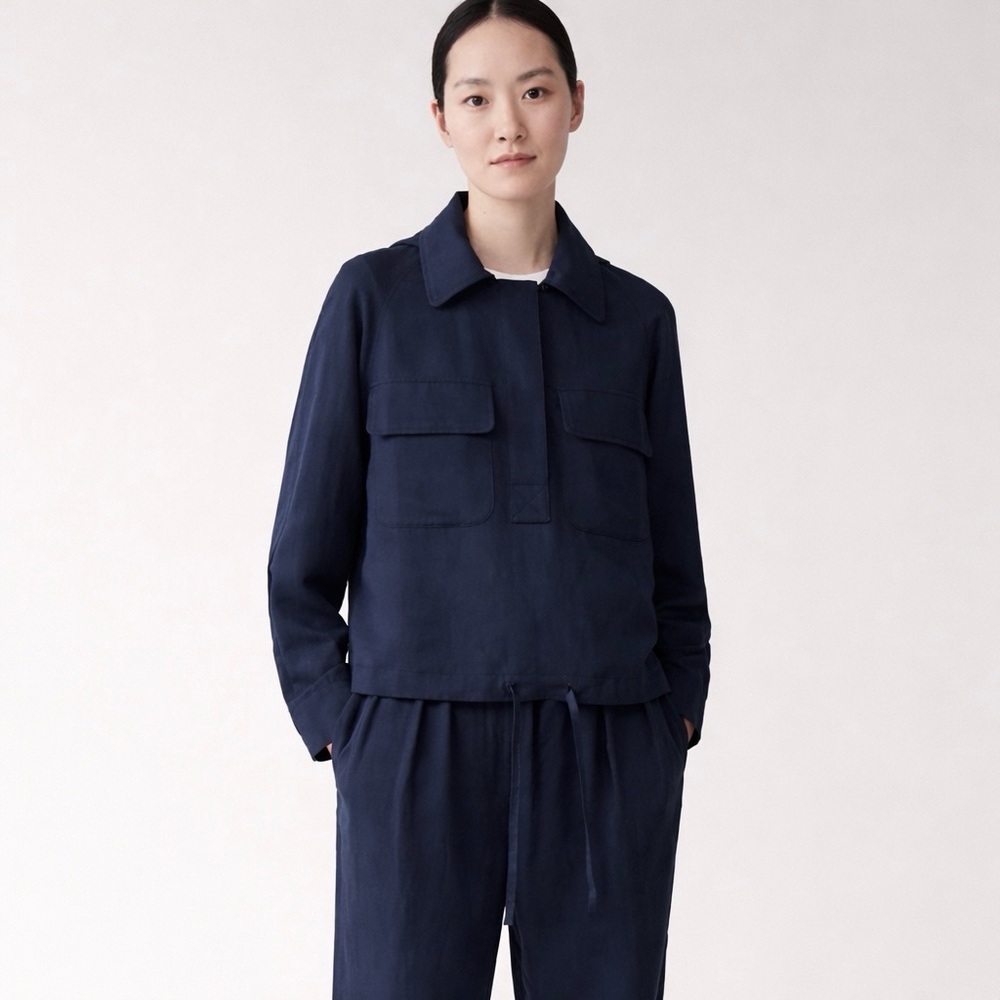 COS Dark Blue Linen-Blend Utility Hooded Pullover Jacket | Size 2